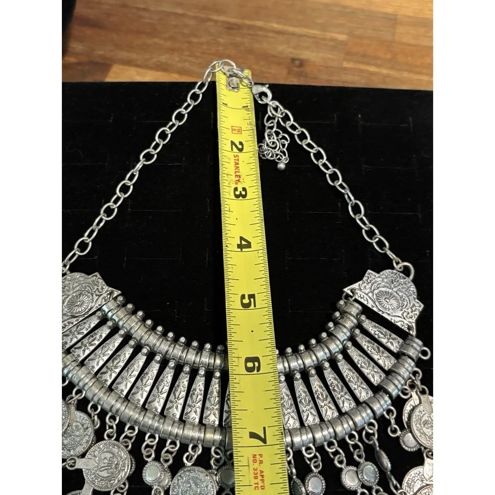 Bohemian Tribal Style Statement‎ Bib Necklace Silver Tone Arabic Coin Accents